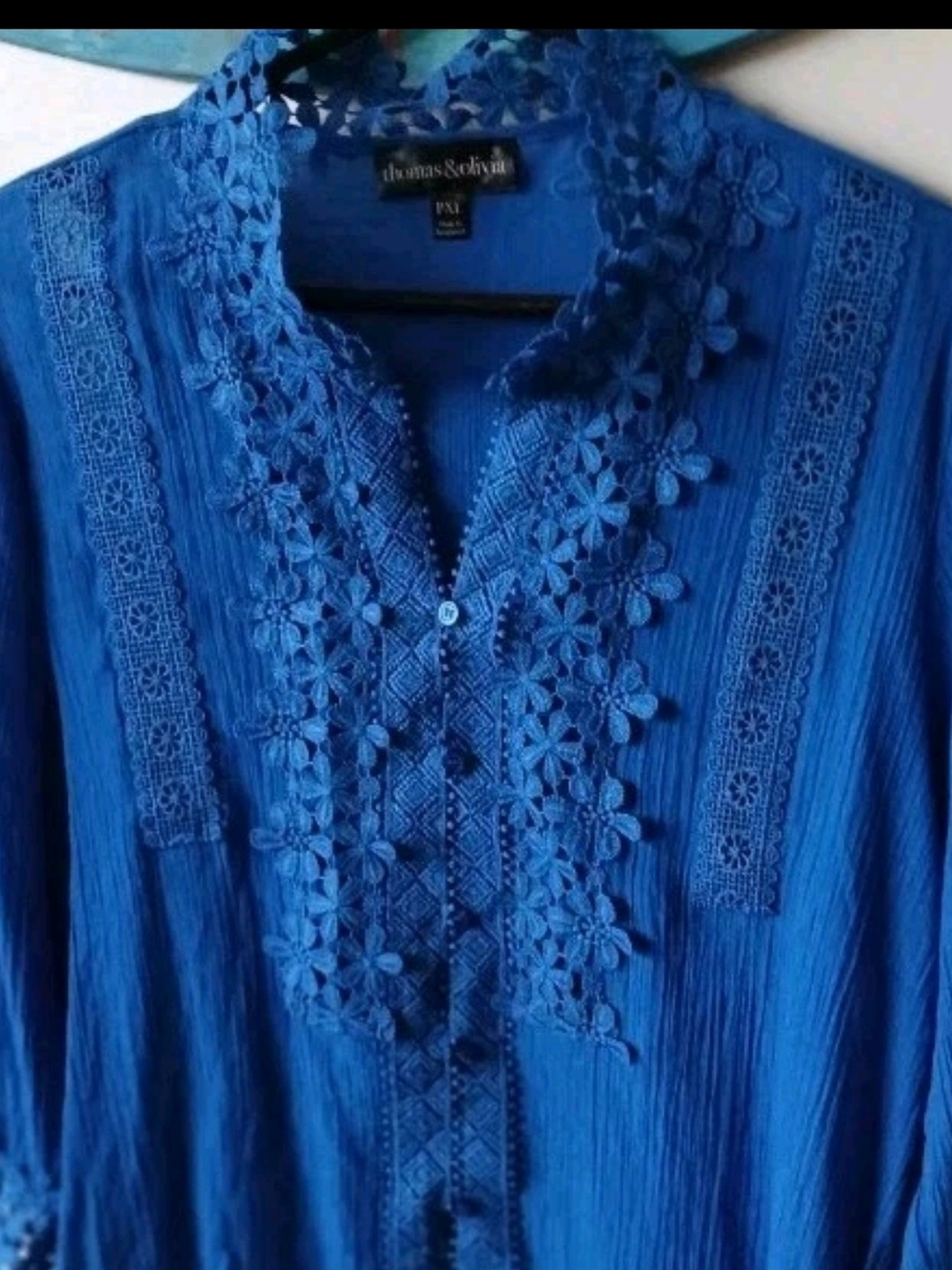 Thomas & Olivia Embroidered Floral Lace Royal Blue Tunic Top